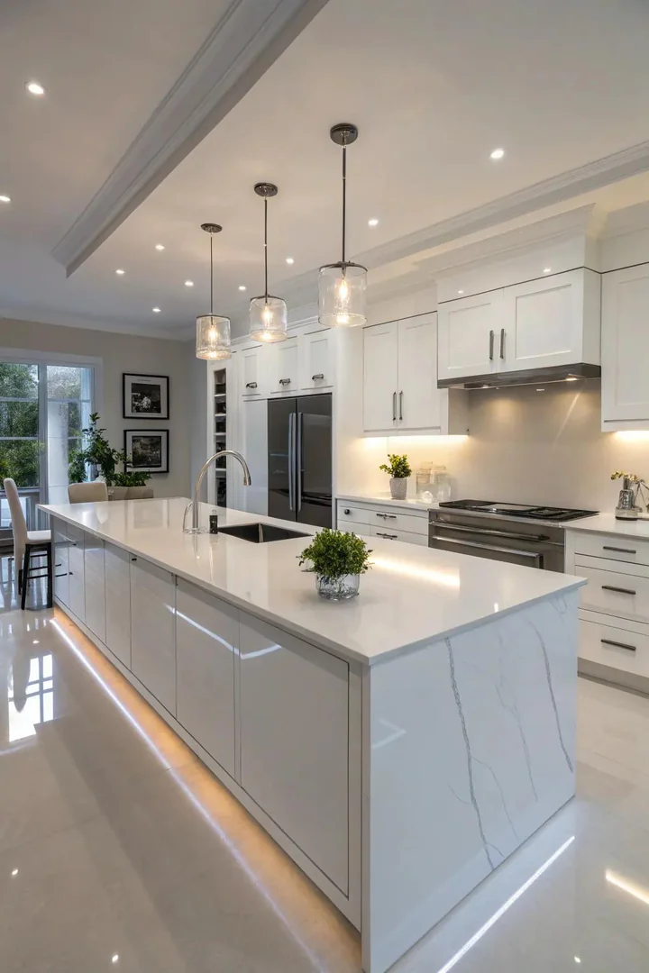 White porcelain slab kitchen countertop.