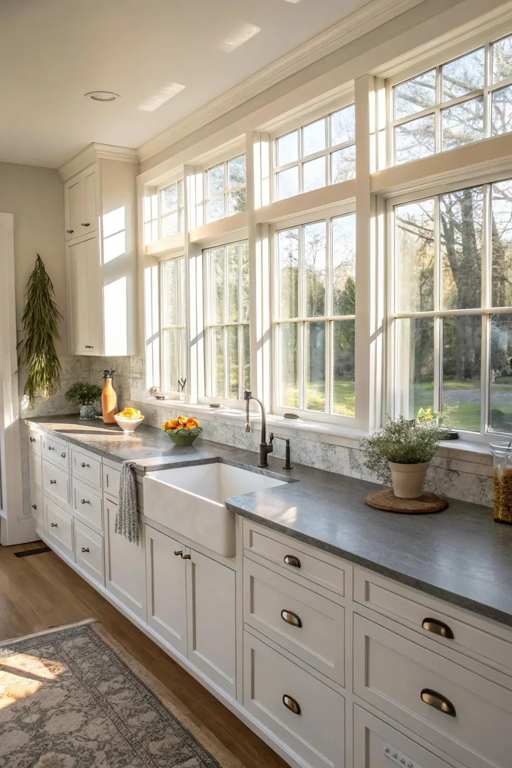 White kitchen with light gray quartz countertops and south-facing windows.