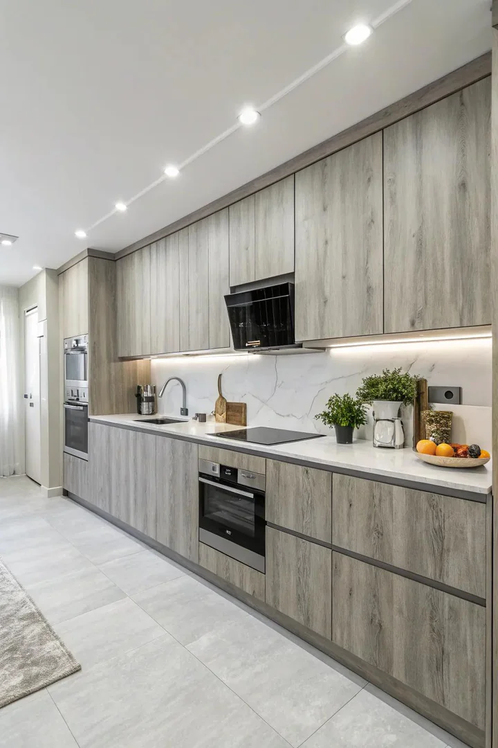 Gray-washed wood kitchen cabinets.