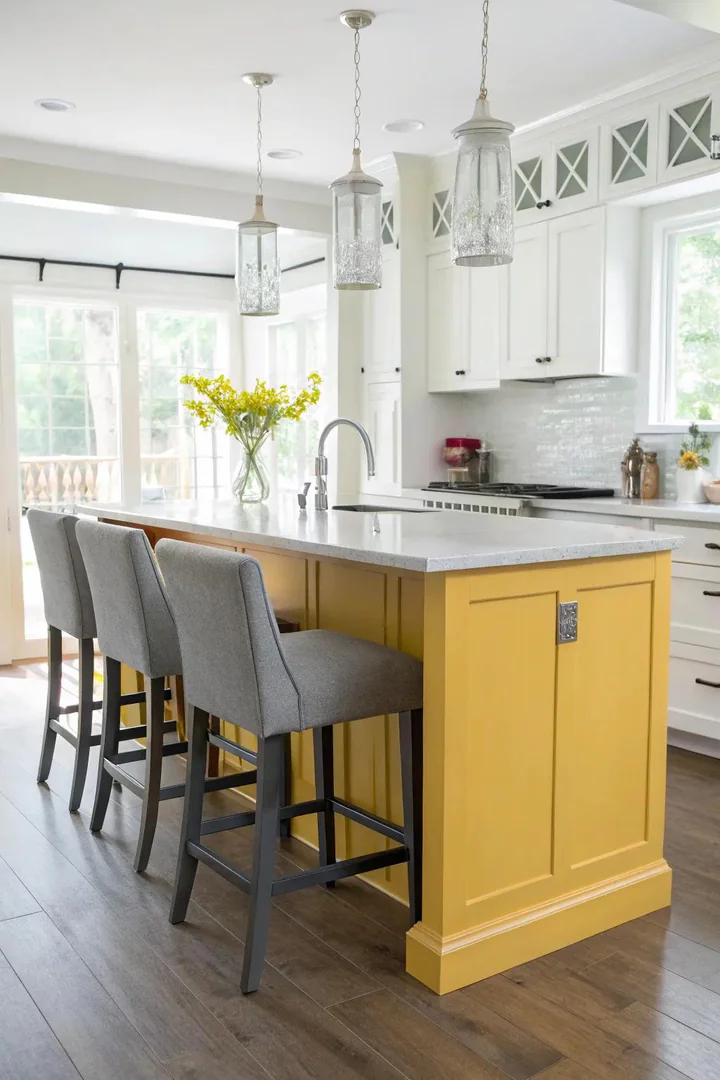 Yellow kitchen island with grey upholstered bar stools.