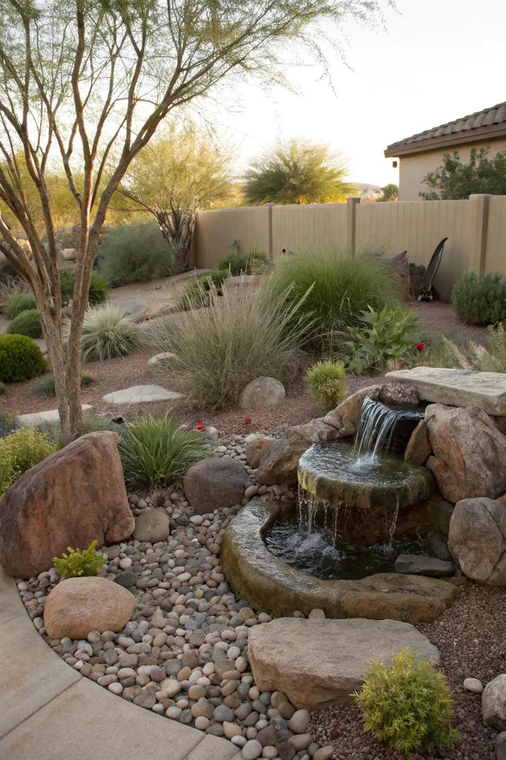 Recirculating rock fountain bubbling through stacked desert stone in a gravel garden