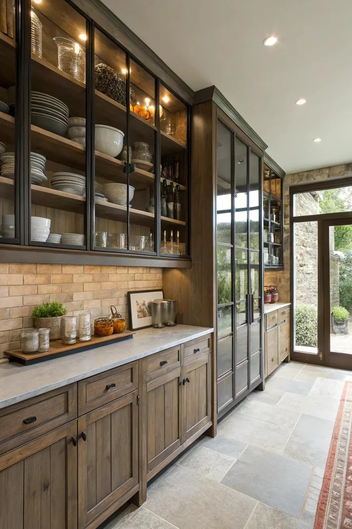 Basement kitchen with floor-to-ceiling open shelving and tall pantry cabinets