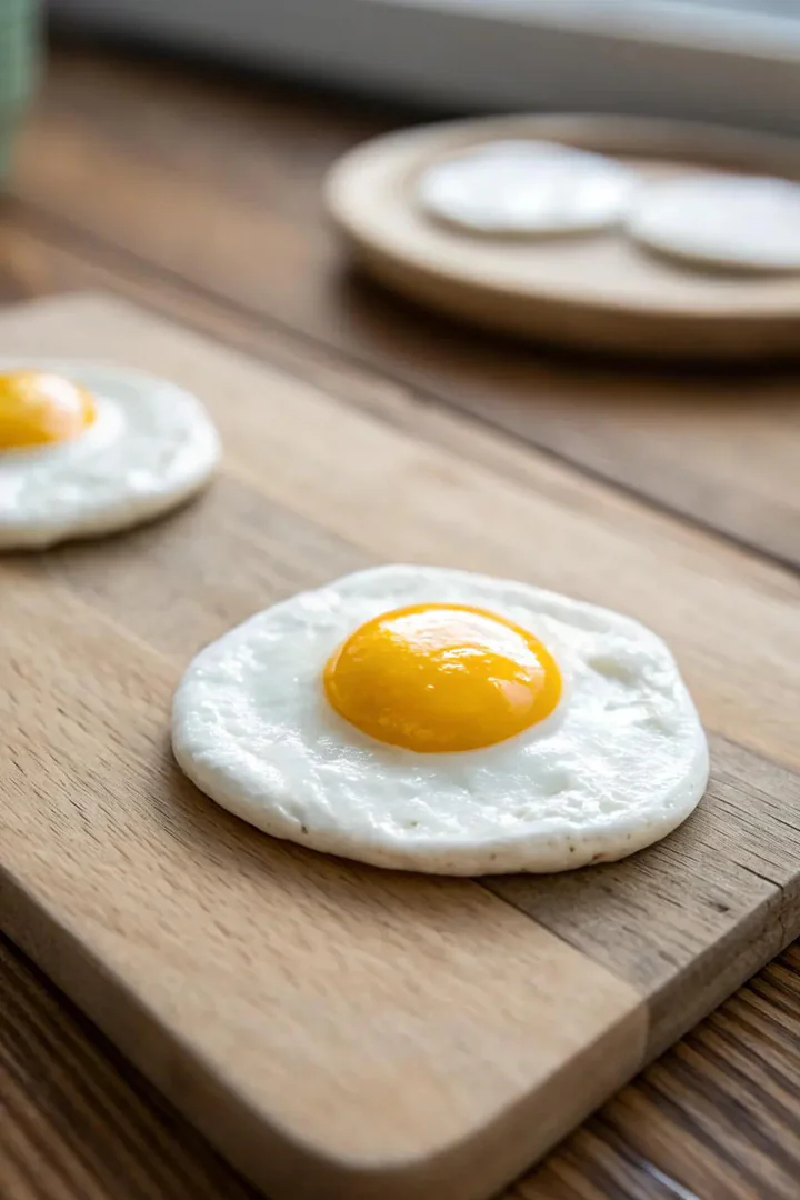 Clay fried egg magnet with a bright yellow yolk