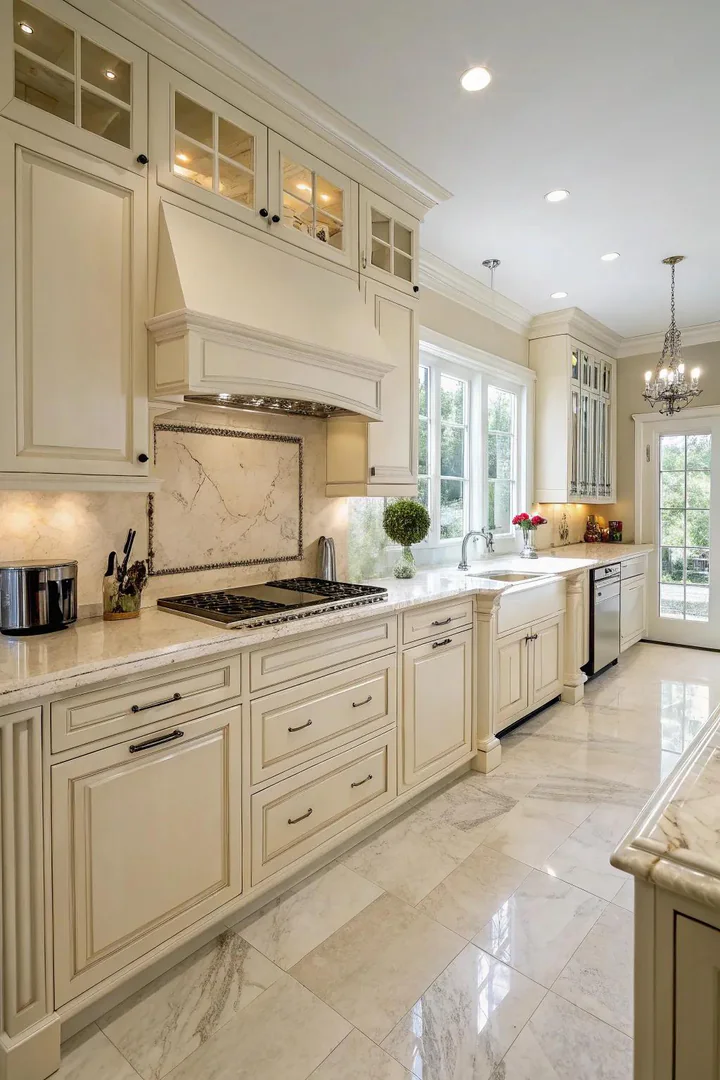 Marble countertops enhance the luxurious feel of cream cabinets.