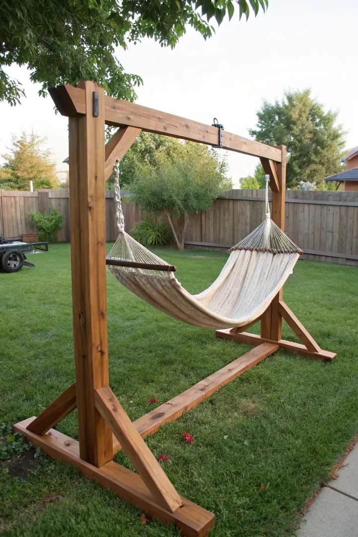 DIY wooden hammock stand built from lumber.