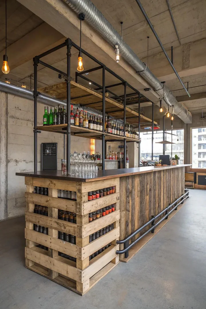 Pallet bar with metal pipe legs, corrugated steel front panel, and pendant lights