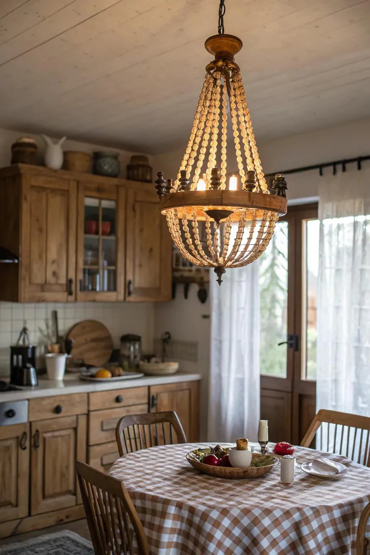Wood bead chandelier adding texture to a farmhouse kitchen
