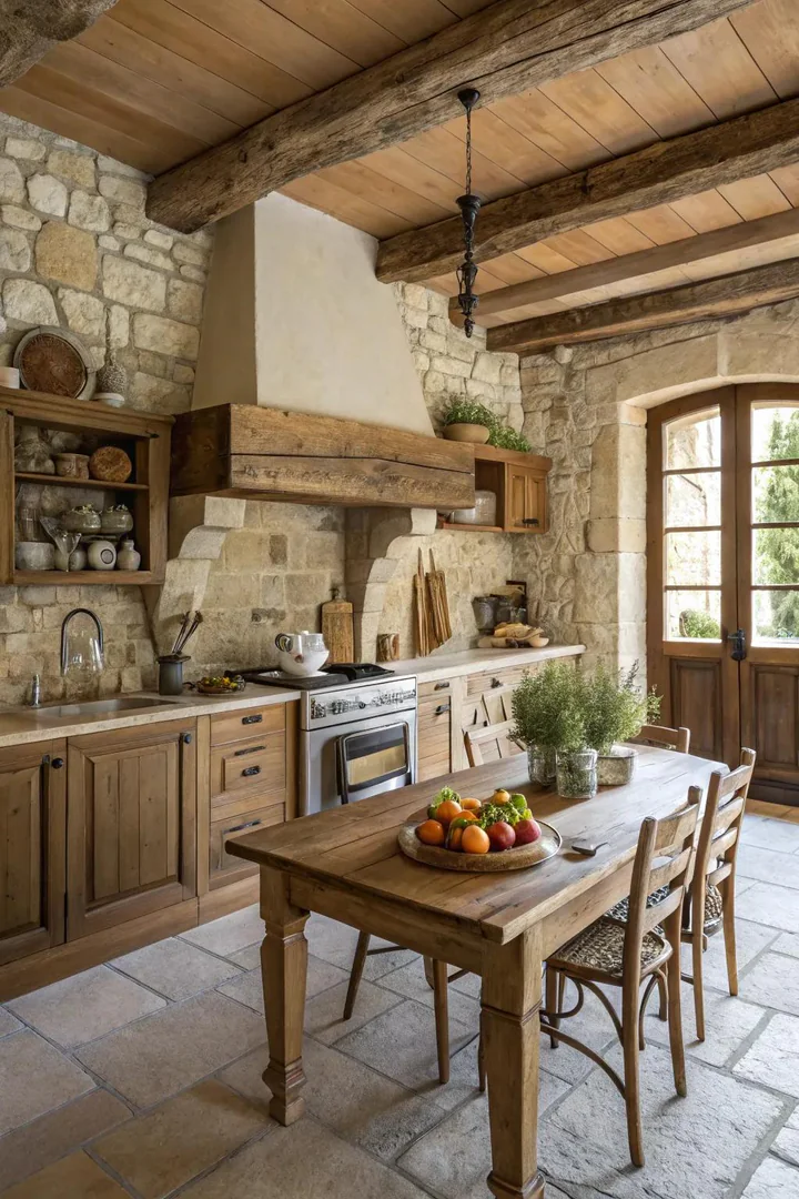 Natural wood open shelving in a French country kitchen.