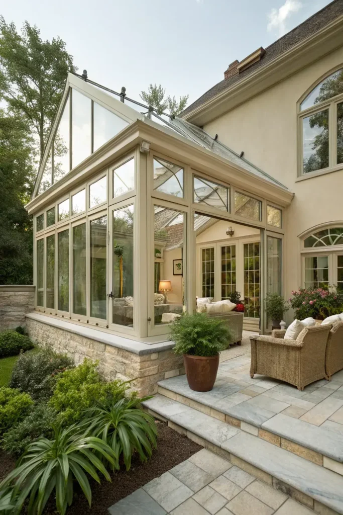 custom-designed glass sunroom addition matching the home's roofline and exterior materials