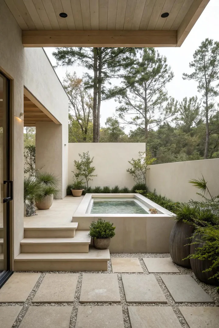 Modern minimalist hot tub installation with a flush concrete pad and clean-lined wood surround