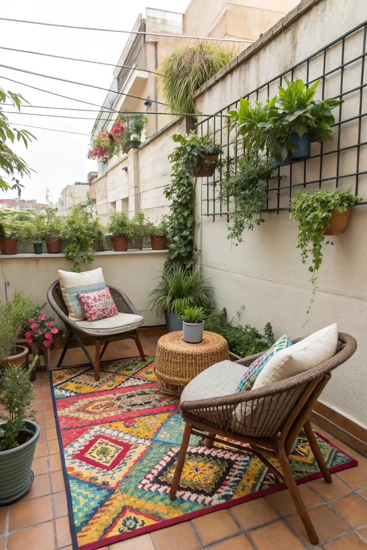 Colorful outdoor rug anchoring a seating area on a small concrete terrace