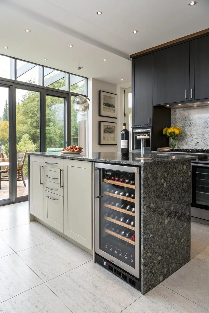 Kitchen peninsula with a built-in wine refrigerator.