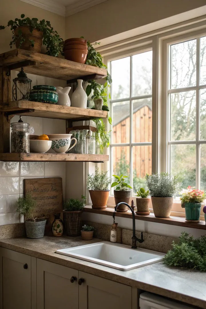 Floating shelf installed across a kitchen window over the sink.