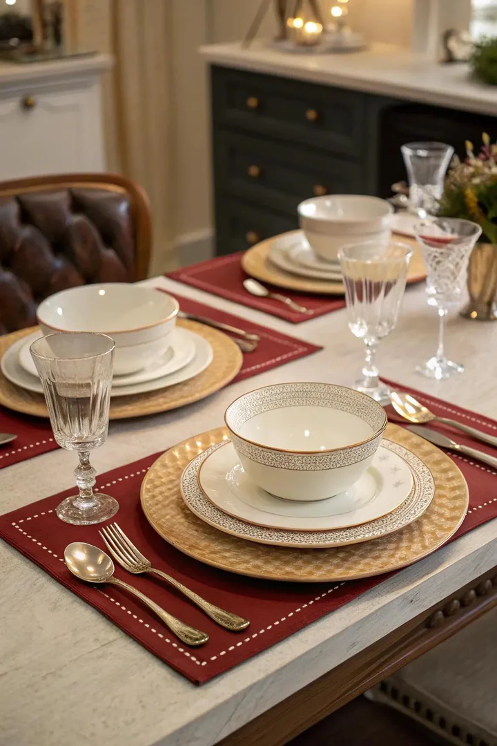 Kitchen table set with plates and linen napkins for staging