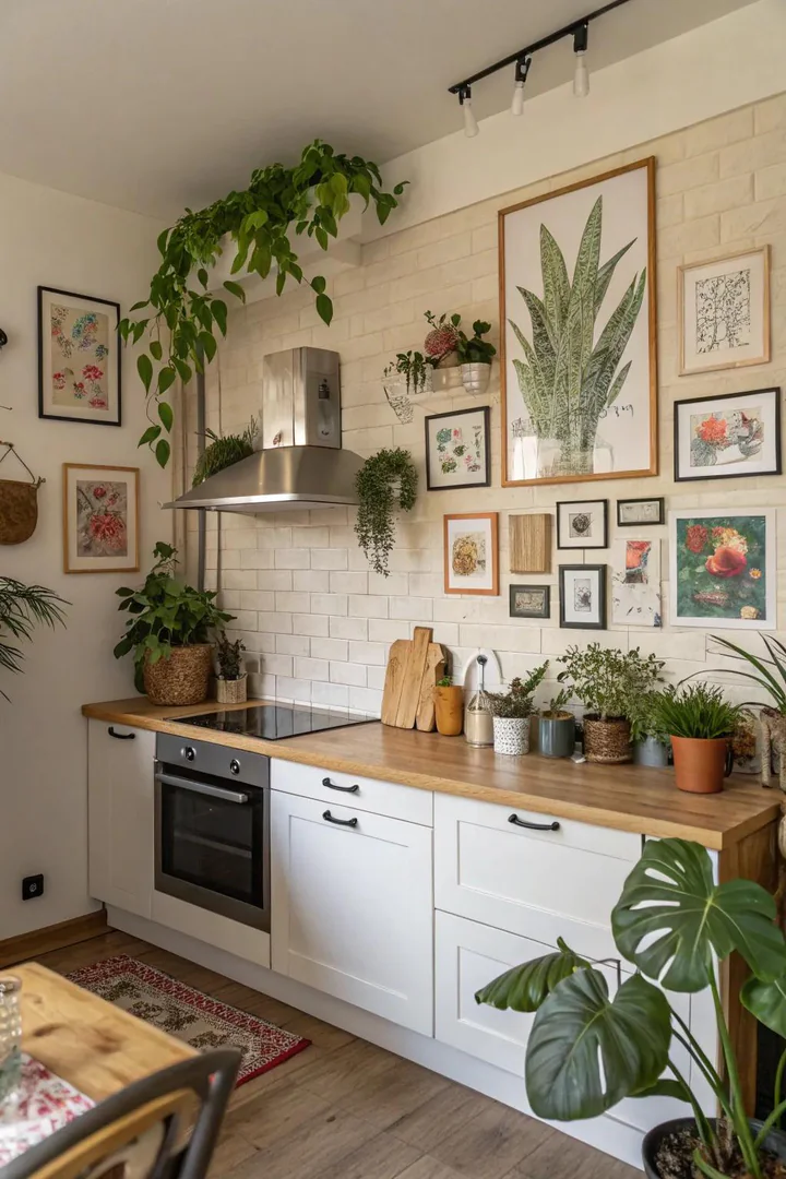 Decorative elements on a kitchen accent wall.