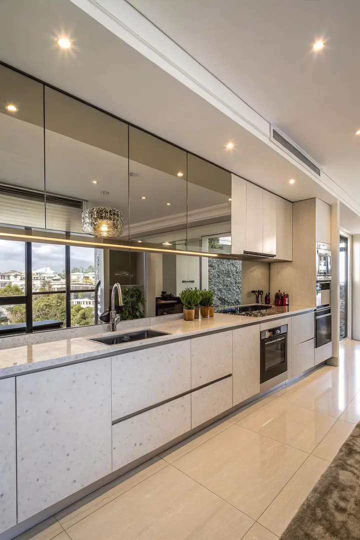 Mirrored glass panel kitchen backsplash.