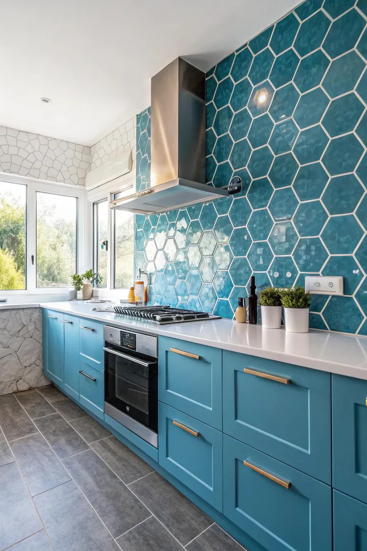 White and gray hexagonal tile backsplash in a modern kitchen