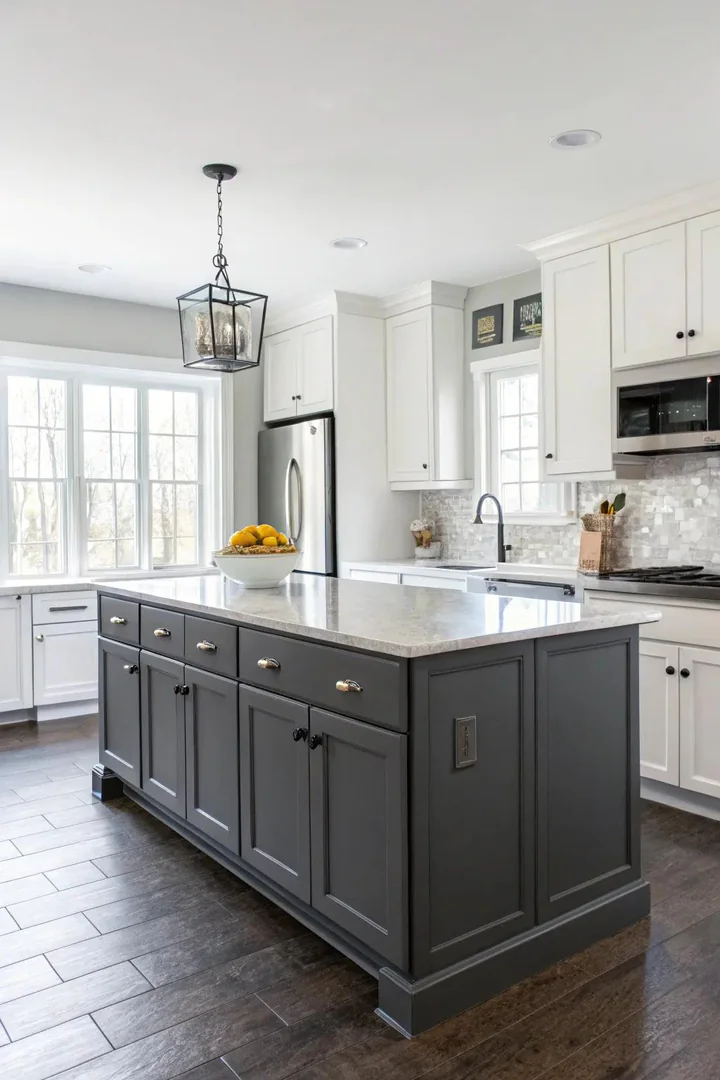 Charcoal gray kitchen island in a modern white kitchen