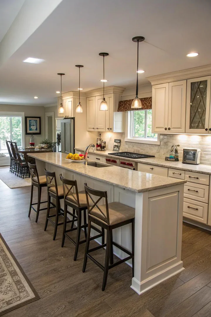 Kitchen with a peninsula extending from the counter for bar seating
