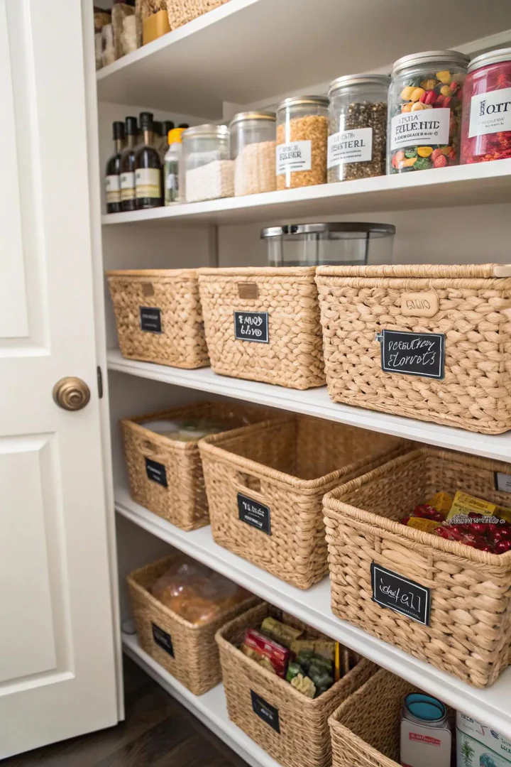 Woven baskets organizing a kitchen pantry.