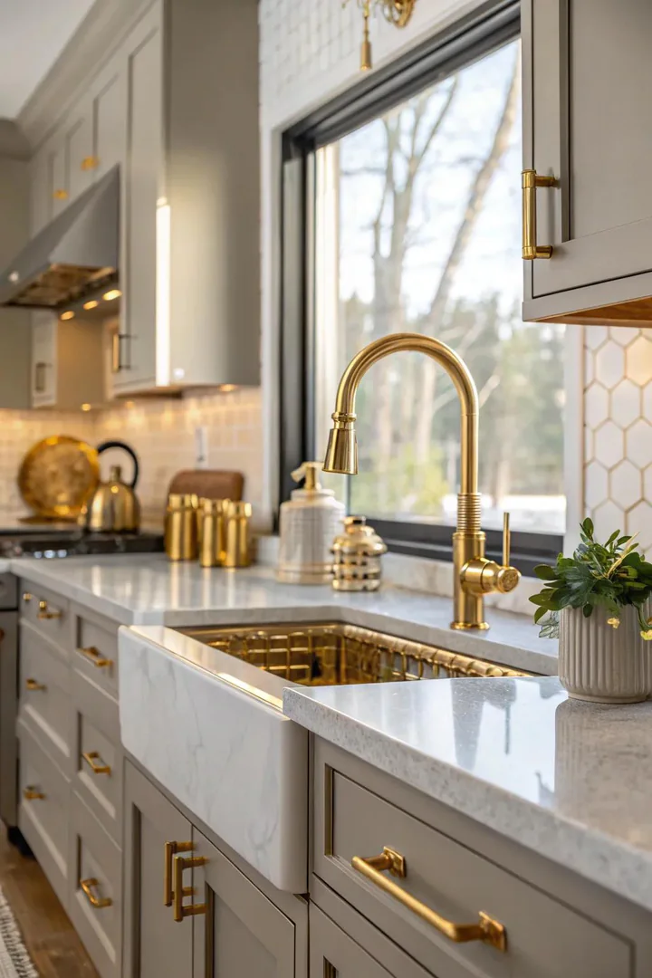 Kitchen with mixed metals featuring gold as the dominant hardware finish.