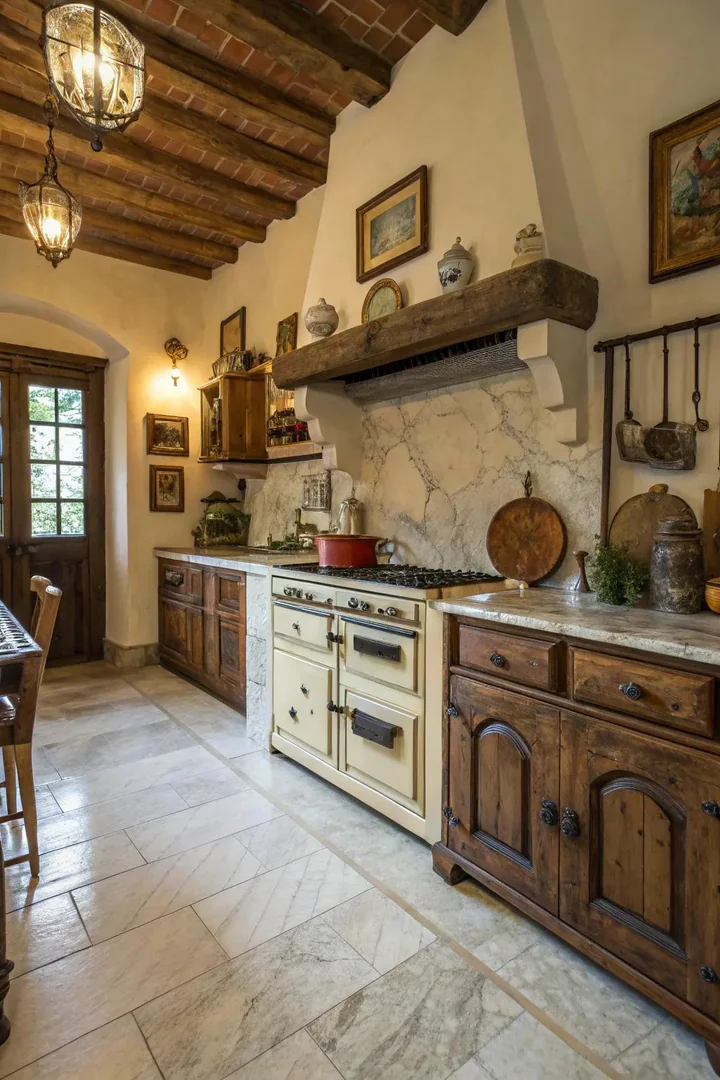 Honed marble kitchen floor with rustic patina.