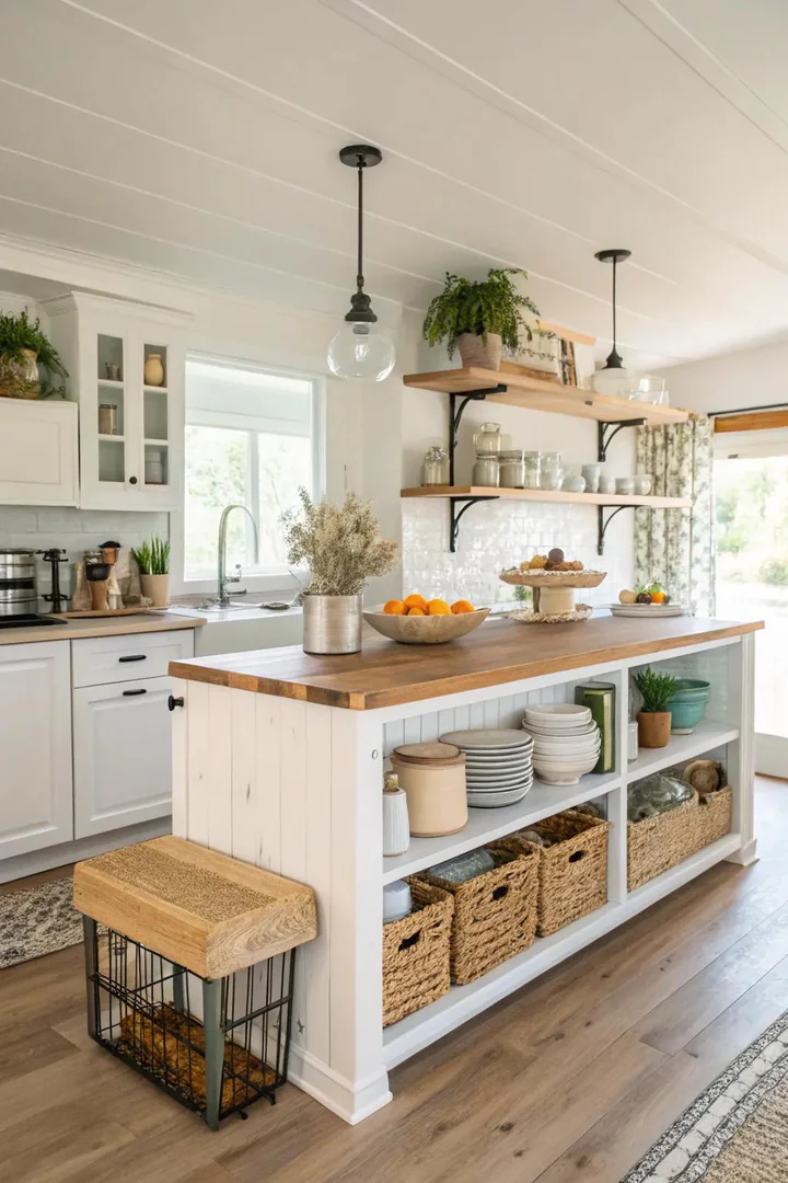 Open-shelf island displaying bowls, plants, and cookbooks
