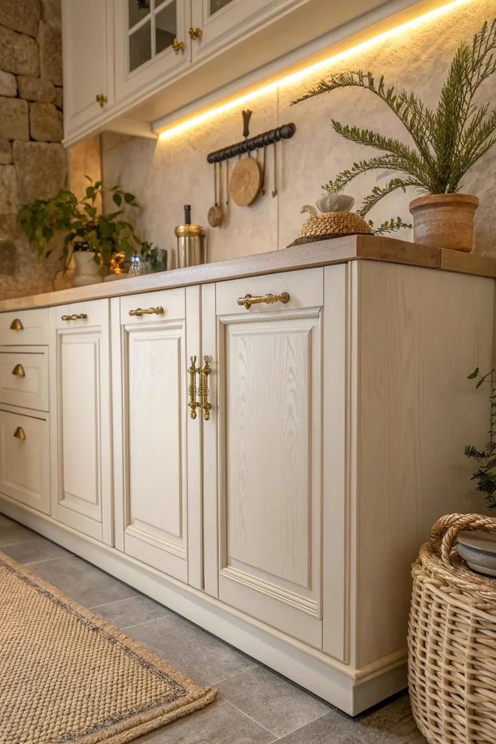 Antique white cabinets with brown glaze finish.