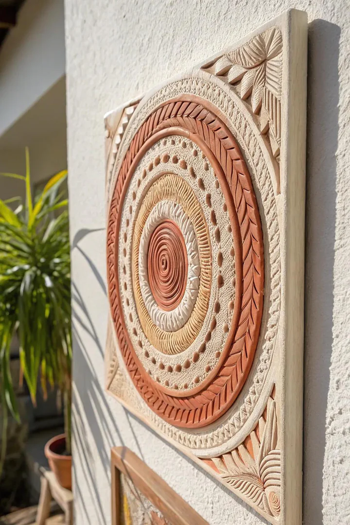 Tactile mixed-media polymer clay wall panel.