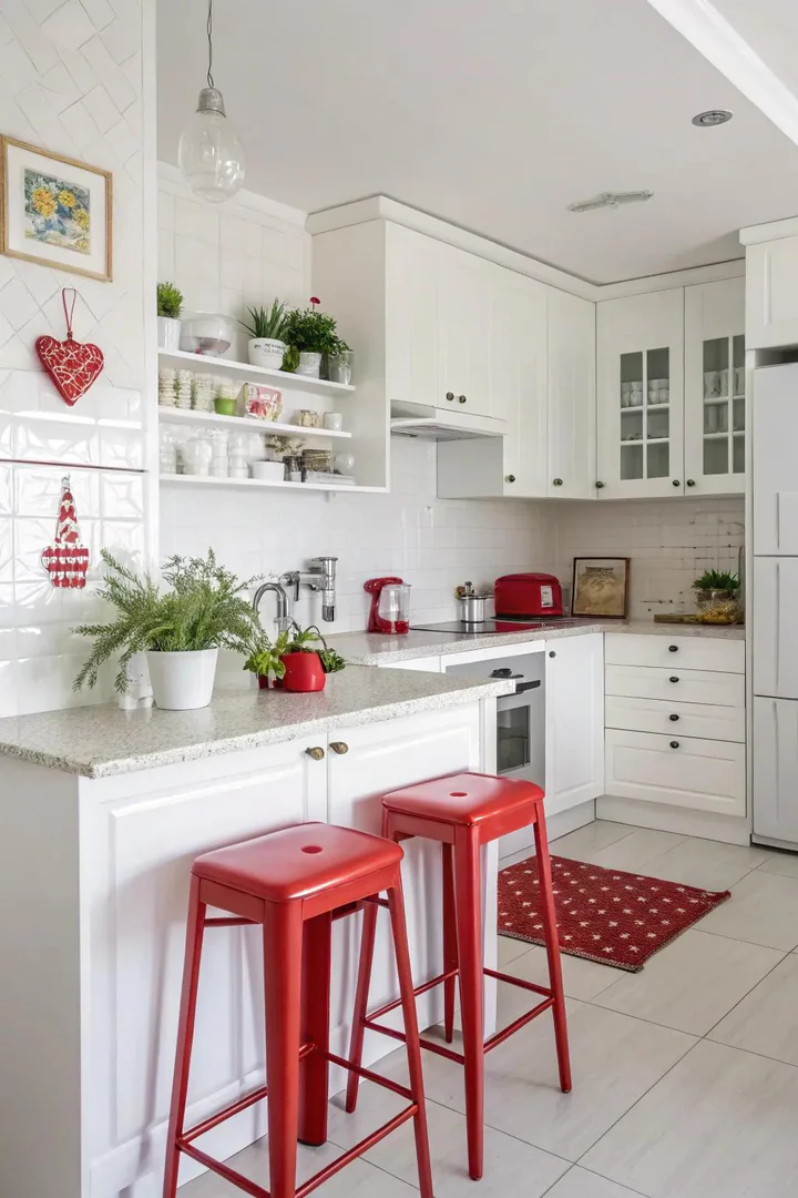 Red and white kitchen with harmonious color balance.