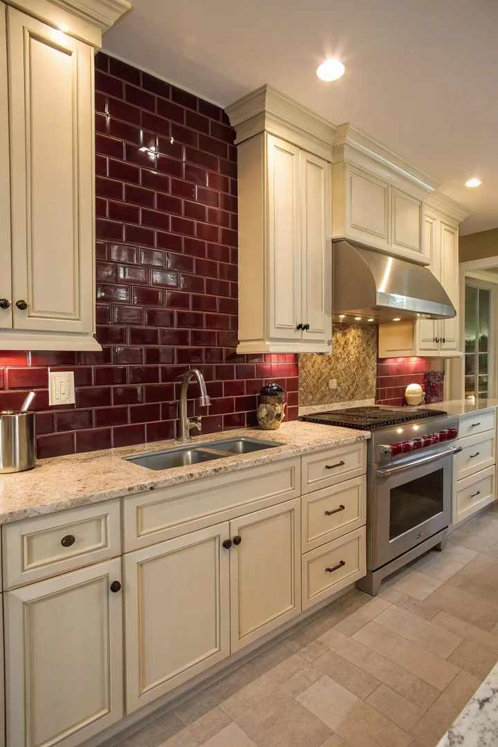 A luxurious kitchen with a burgundy glass tile accent.