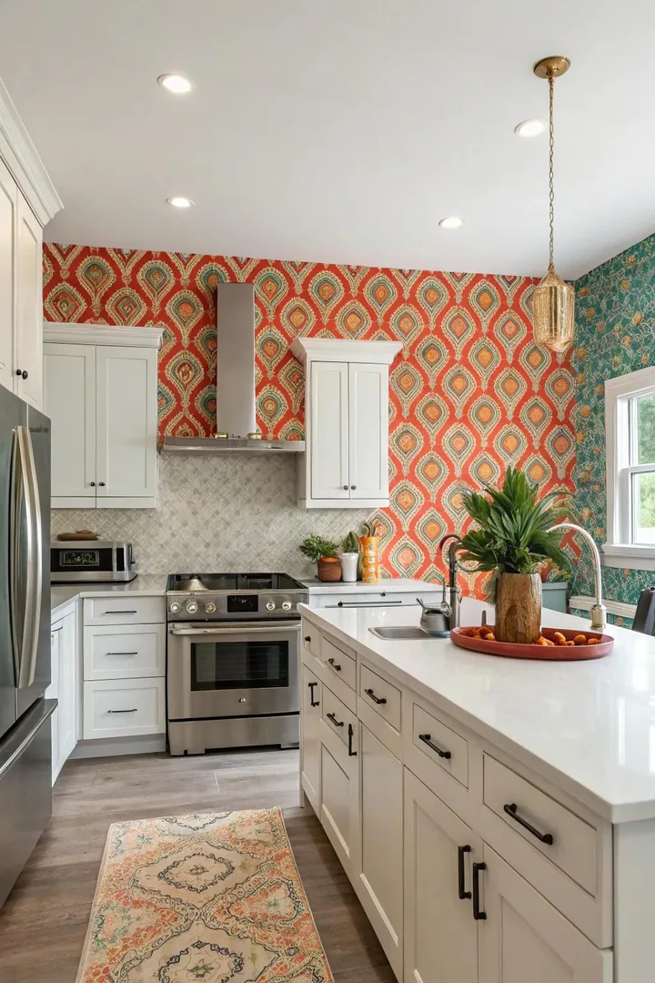 Peel-and-stick wallpaper with a tile pattern on a kitchen backsplash