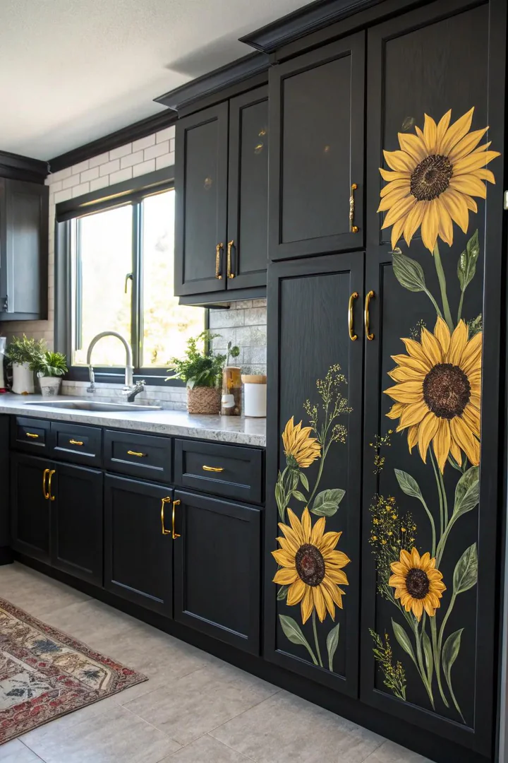 Dark kitchen cabinets with sunflower accent decor.