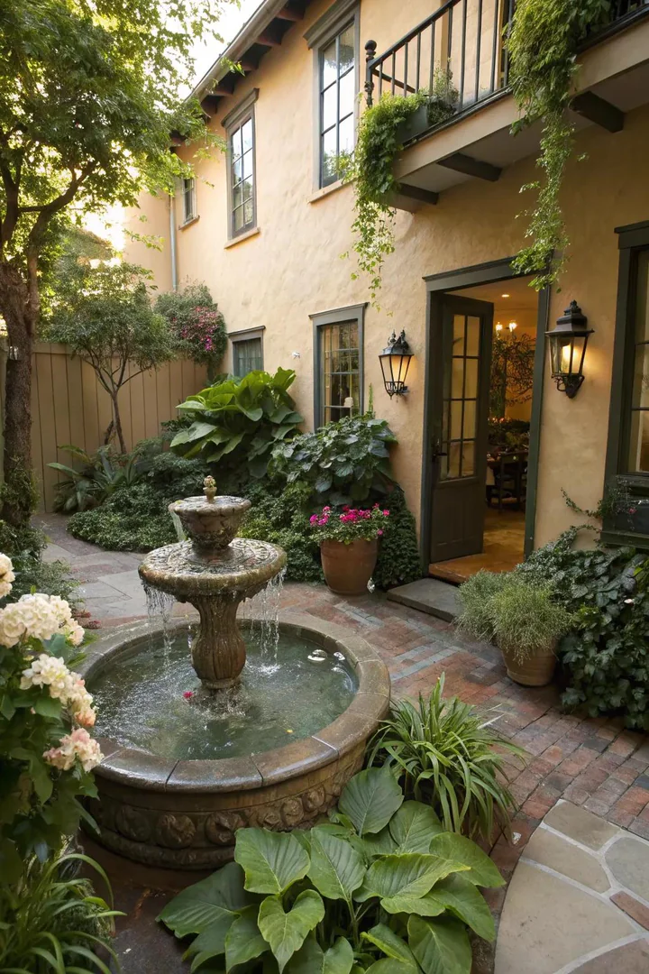 Compact recirculating water fountain on a townhouse patio with stacked stone basin