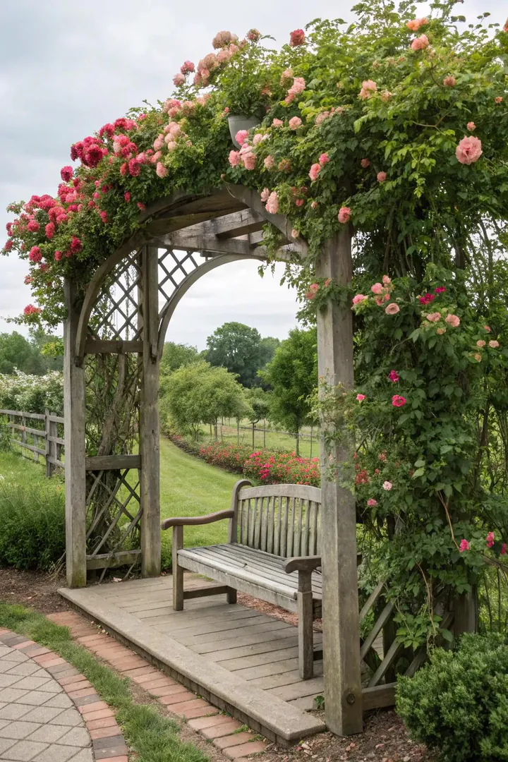 Arbor with built-in bench seating.