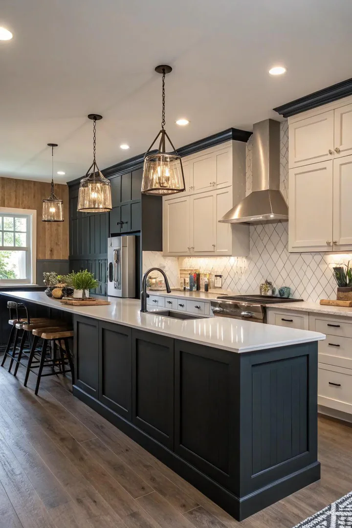 Bold color contrast wainscoting in a kitchen.