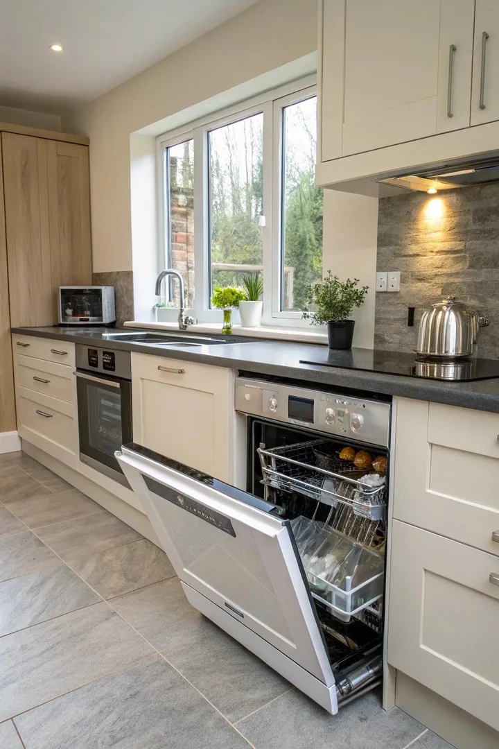 Front-access appliances in a wheelchair accessible kitchen.