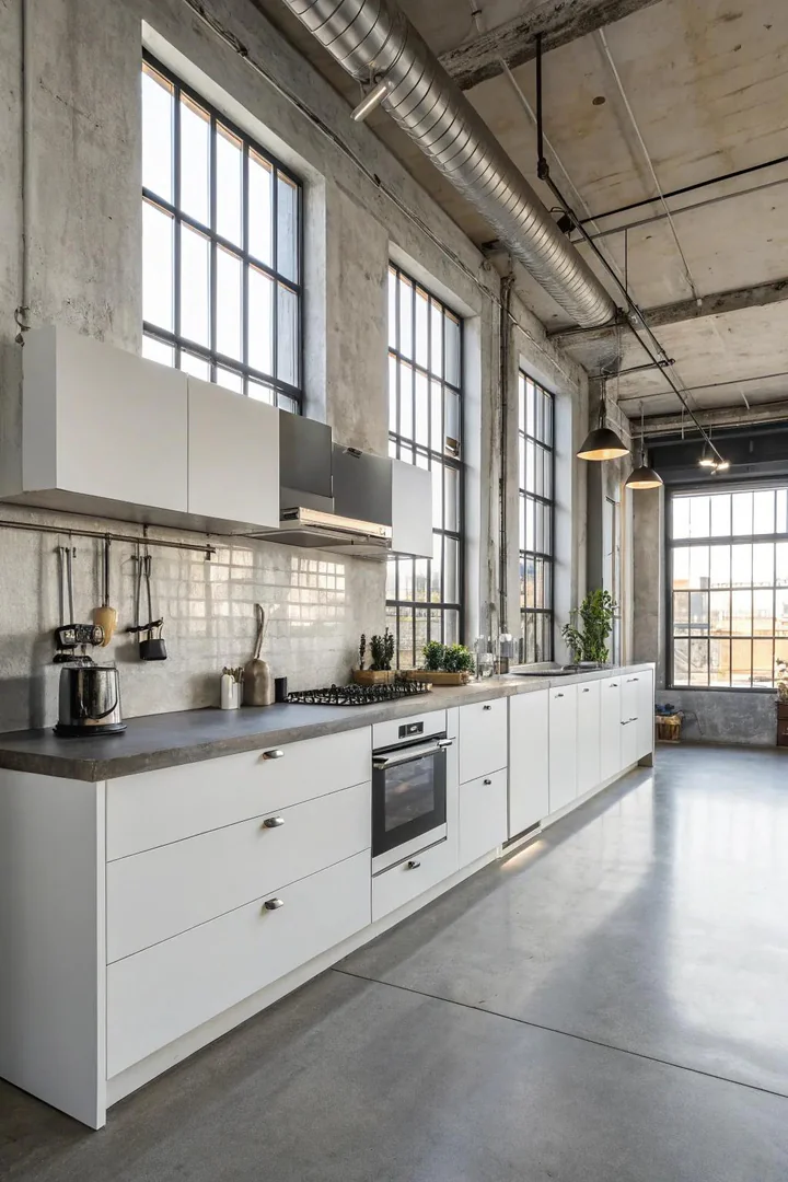 White kitchen with industrial black steel accents and gray concrete countertops.