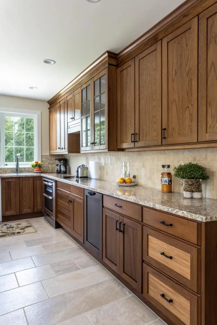 Two-tone wood kitchen cabinets.