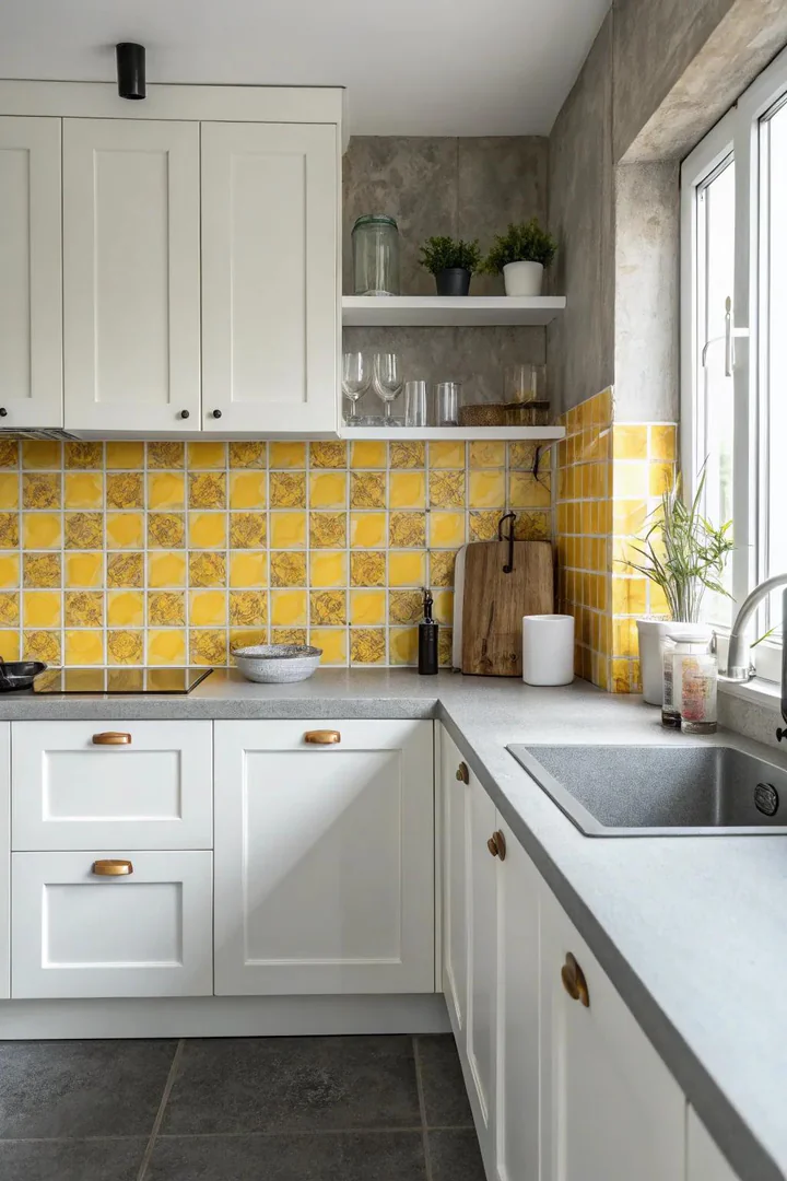 Grey and yellow mosaic backsplash behind white cabinets.