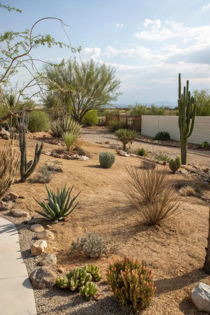 Desert garden bed mulched with natural decomposed granite and bark chips around plants