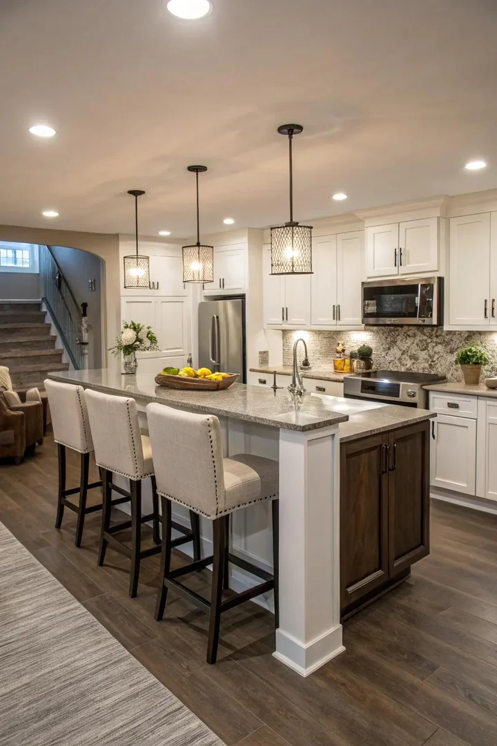 Small freestanding kitchen island with storage shelves in a basement kitchen