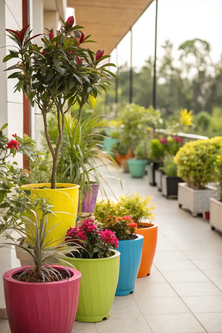 Container garden border around a budget patio.