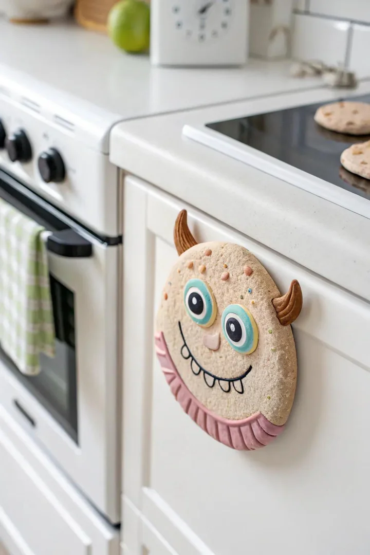 Colorful clay monster face magnets with googly expressions