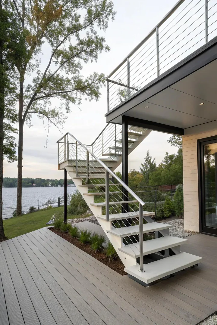 Corner floating deck stairs with open risers and steel stringer supports