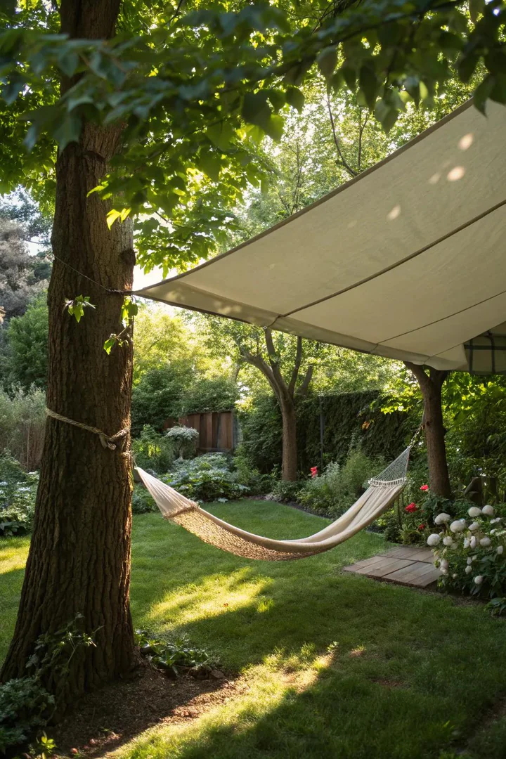 Canopy-covered hammock shaded from sun.