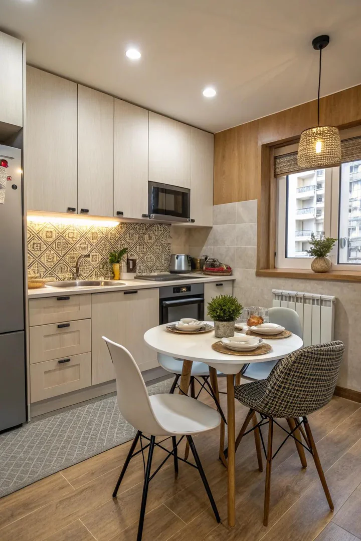 Small round bistro table with two chairs tucked beside a kitchen counter