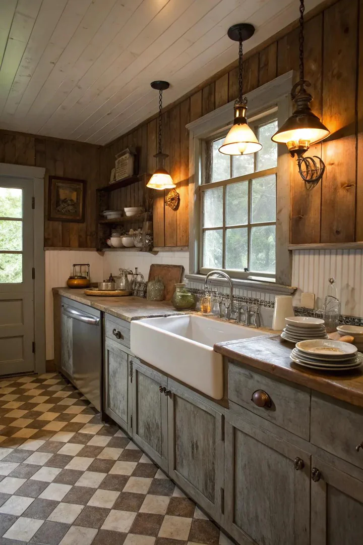 Galvanized metal wall sconce beside a farmhouse kitchen window