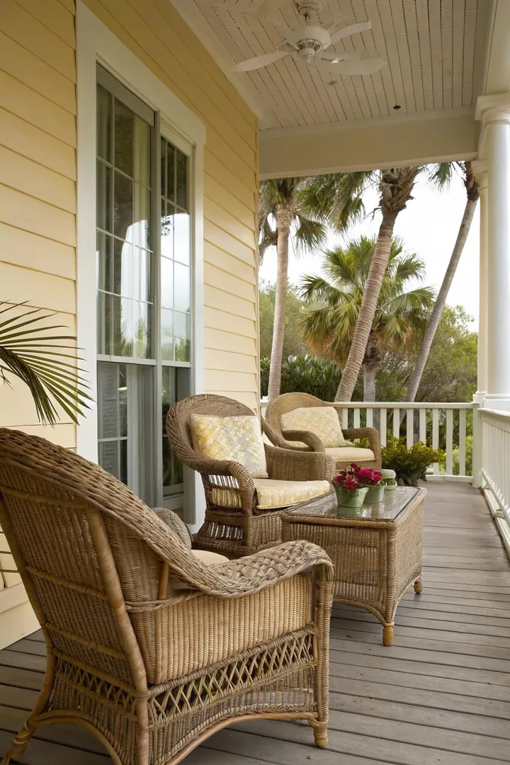 Weather-resistant wicker furniture on a Florida front porch.
