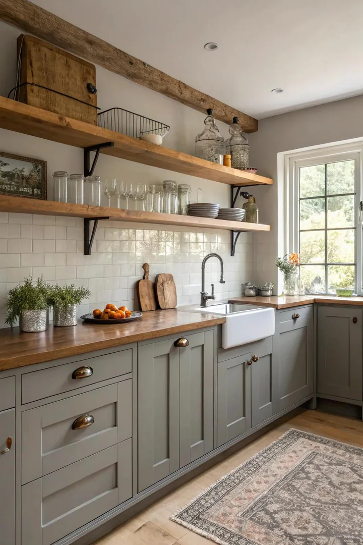 Two-tone kitchen with grey lower cabinets and white upper cabinets.